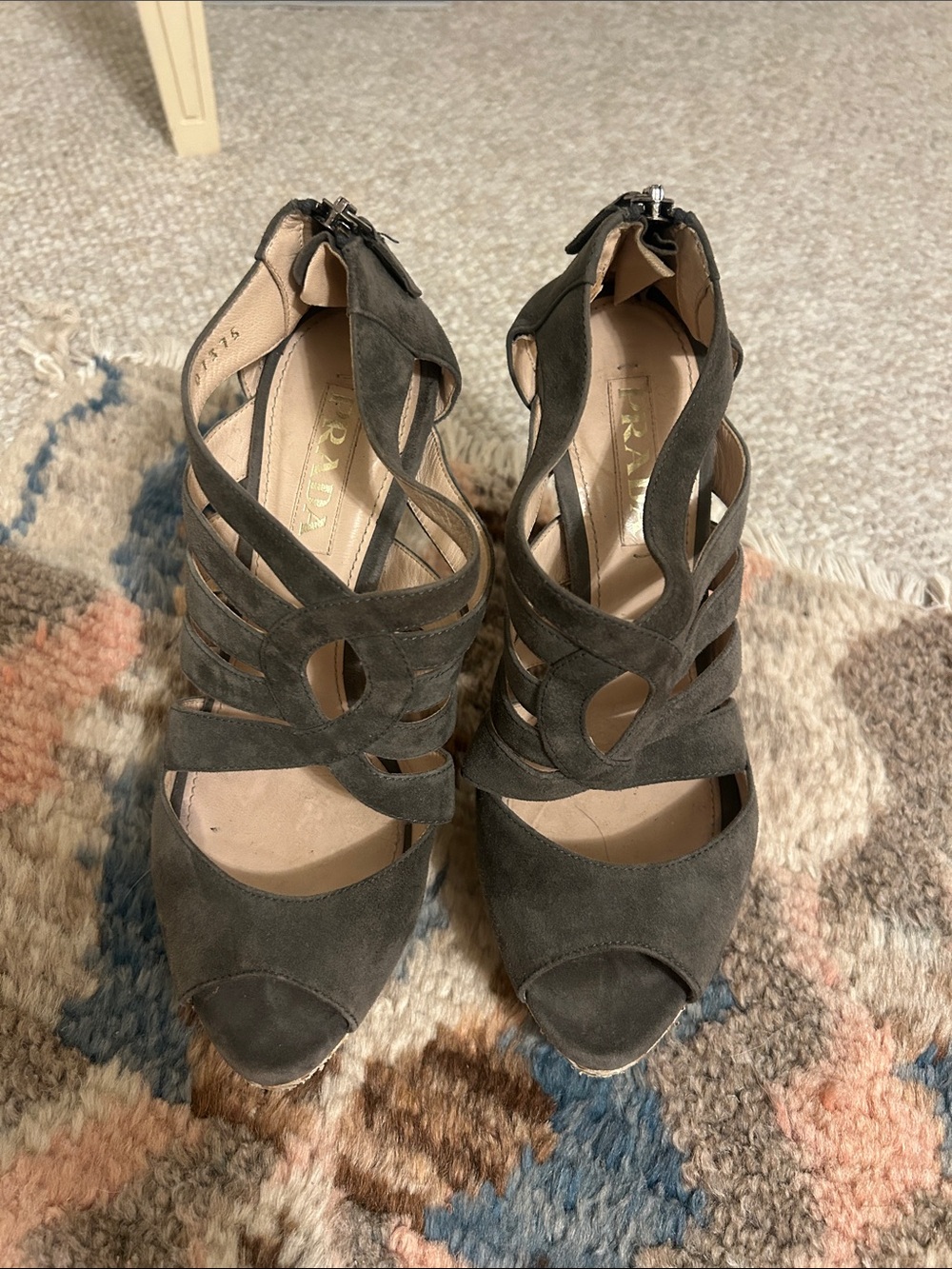 Prada Gray - olive green. Suede Strappy Peep-Toe -snakeskin platform heel